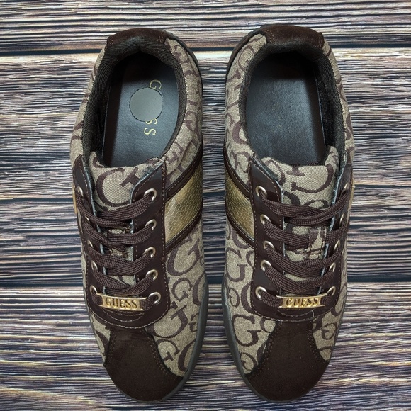 GUESS Signature Shoes Sneakers Brown Gold sz 8 - Picture 5 of 8
